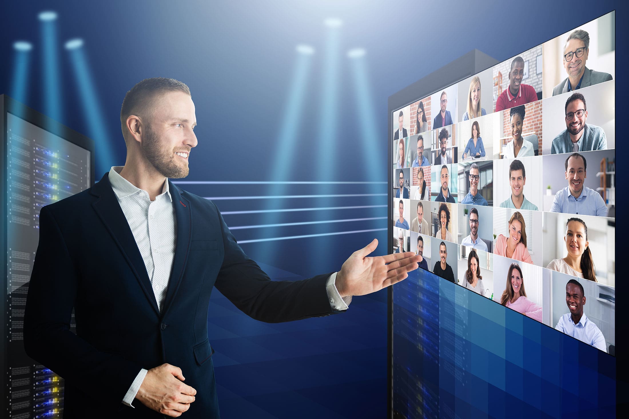 business-presenter-virtual-video-conference-screen-sita. Smiling man in a dark suit gesturing toward a large virtual screen displaying a grid of video conference participants in a blue-lit studio environment