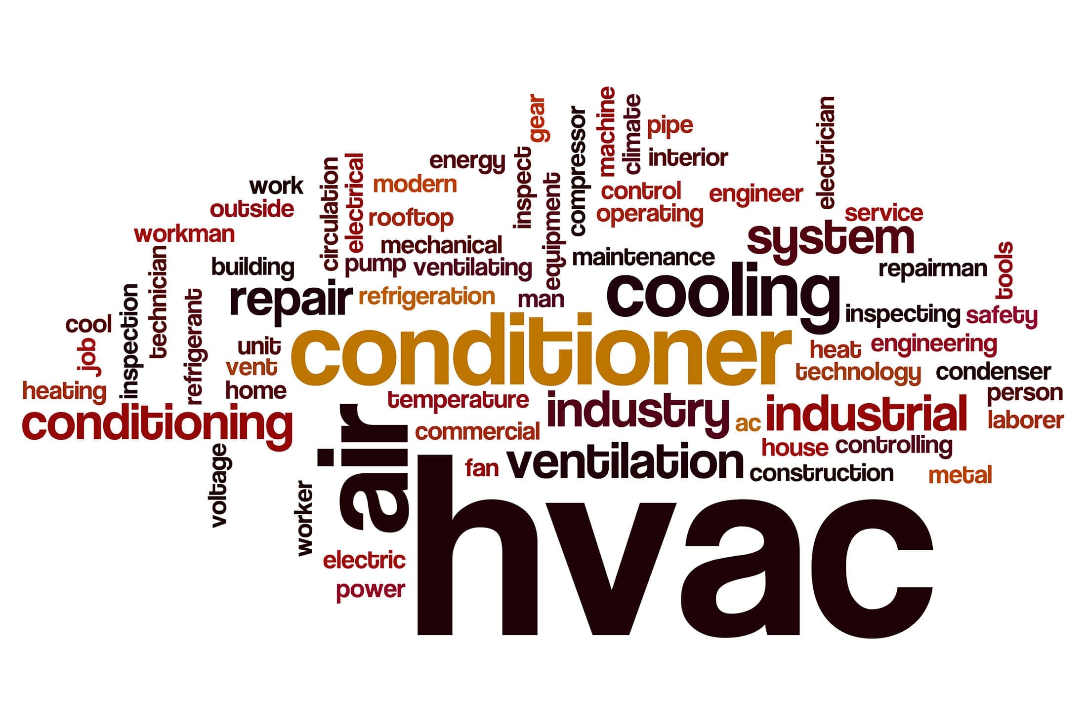hvac-industry-word-cloud-terminology-sita. Word cloud graphic featuring HVAC-related terms in dark brown, red, and gold tones with hvac, conditioner, cooling, and ventilation as the largest words