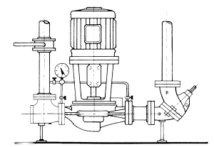 vertical-pump-assembly-technical-illustration-sita. Black and white engineering illustration of a vertical inline pump with motor on top, flanged connections, and a pressure gauge