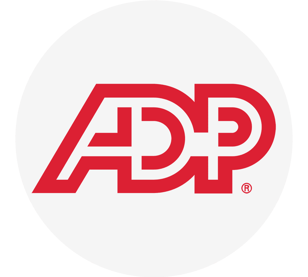 ADP registered trademark logo in bold red lettering displayed inside a light gray circle on a black background