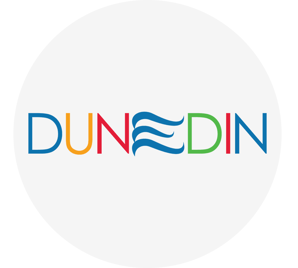 dunedin-colorful-wave-lettering-logo-sita. Dunedin logo with colorful letters and wave design in the center.