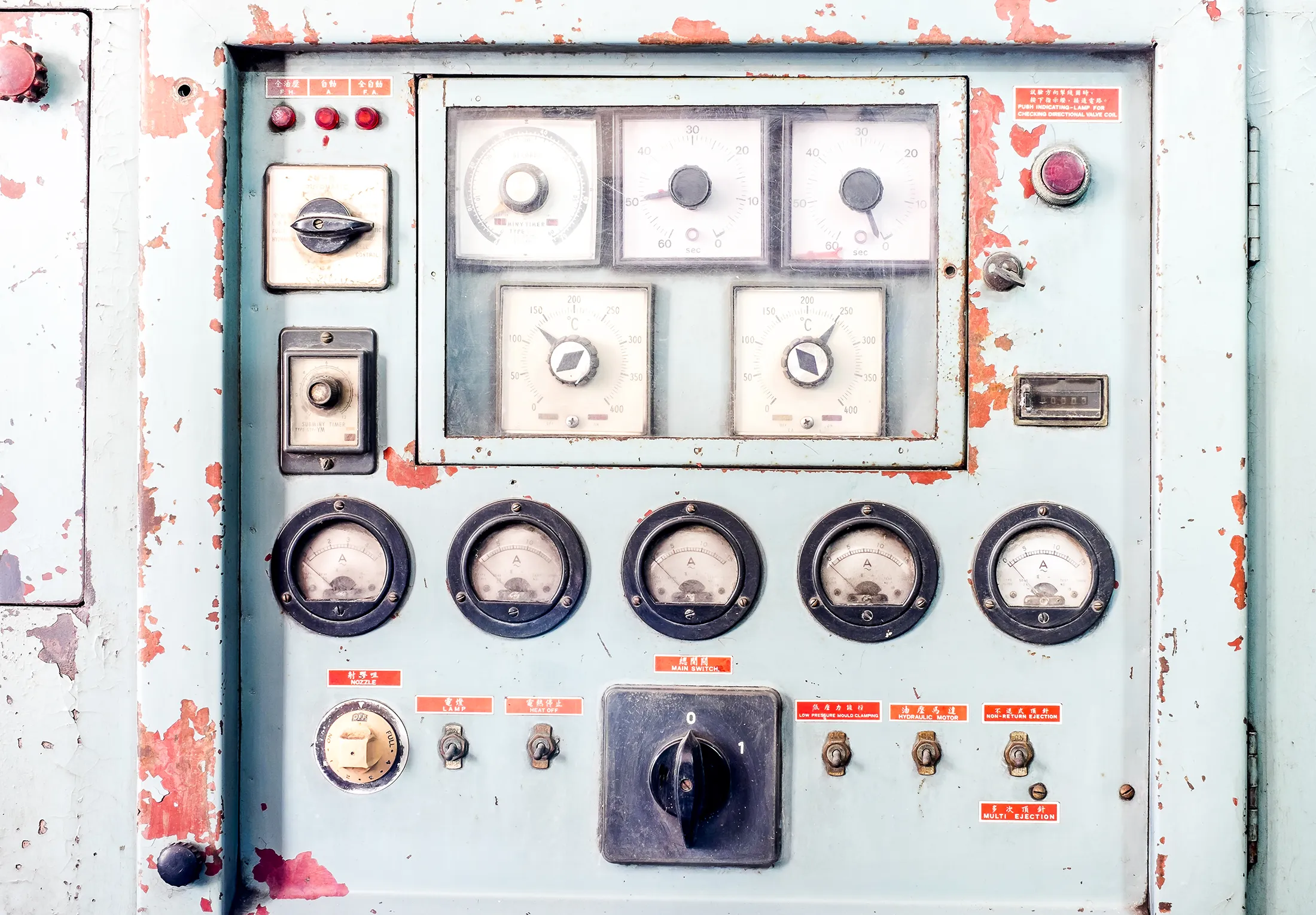 vintage-industrial-control-panel-with-analog-gauges-sita. Vintage industrial control panel with analog gauges, switches, buttons, and worn paint on an old machine interface.