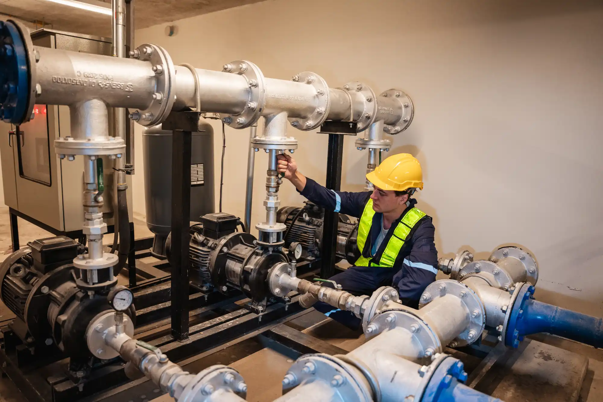engineer-adjusting-valve-in-industrial-pump-room-sita SITA engineer conducting building commissioning verification on commercial HVAC systems in Orlando, Florida