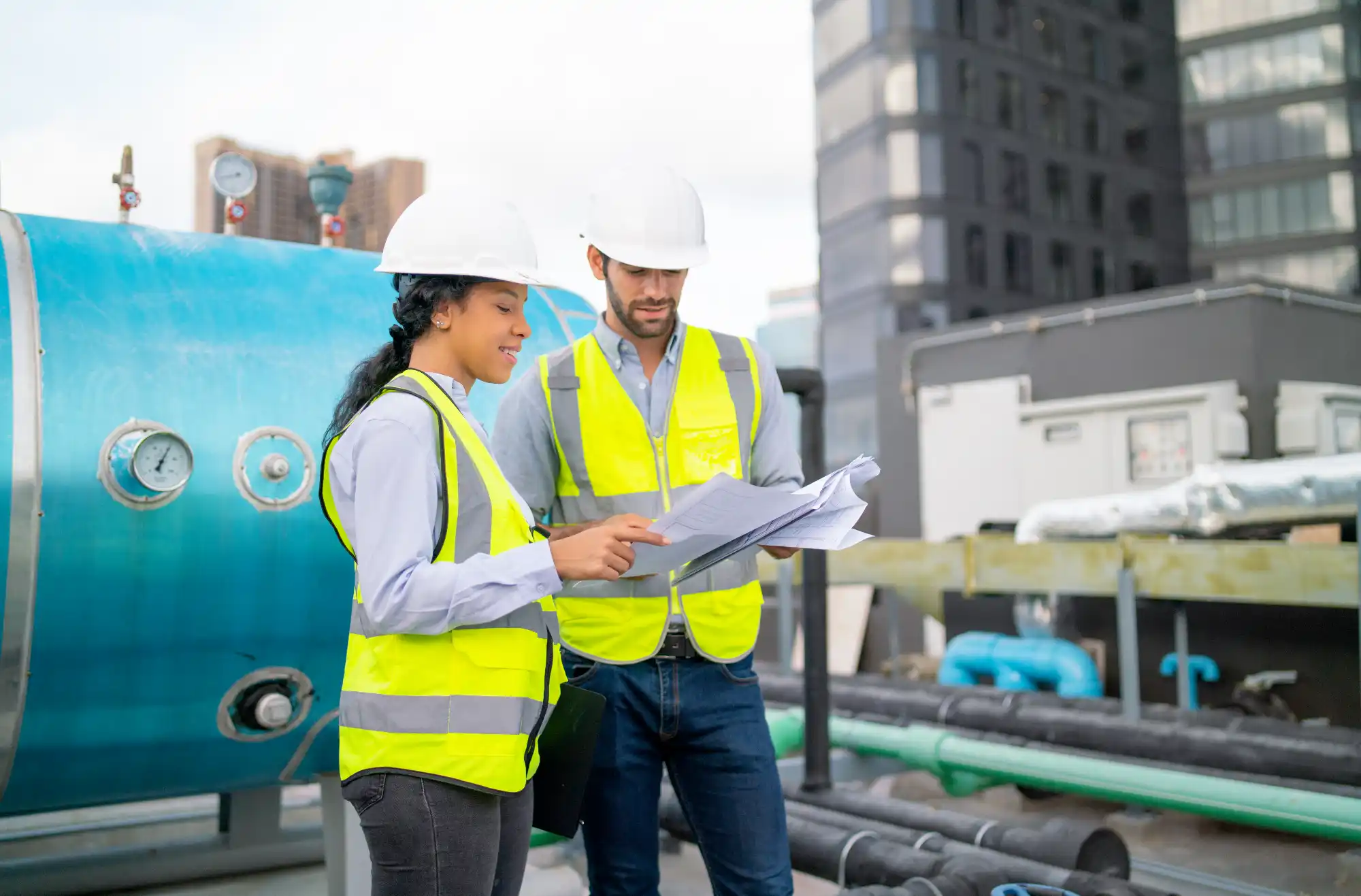 hvac-technicians-reviewing-blueprints-on-rooftop-sita. Two HVAC technicians in safety gear reviewing blueprints on a rooftop installation site with mechanical equipment and piping visible in the background.