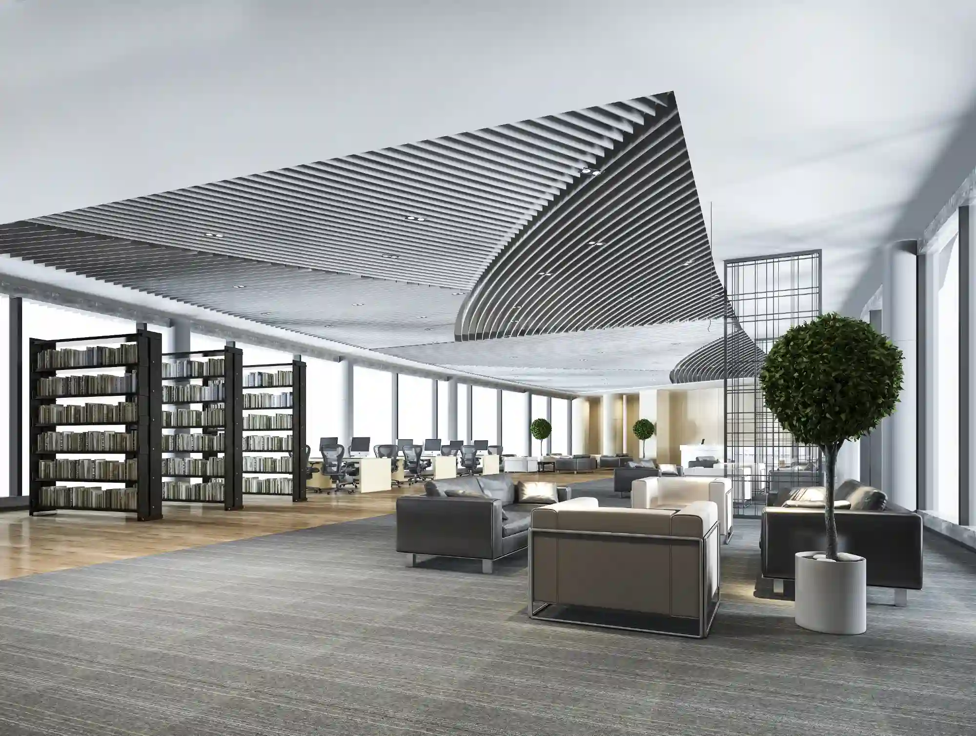commercial-lobby-hvac-commissioned-sita. Elegant modern lobby with open floor plan, advanced ceiling design, and optimized lighting and climate control systems
